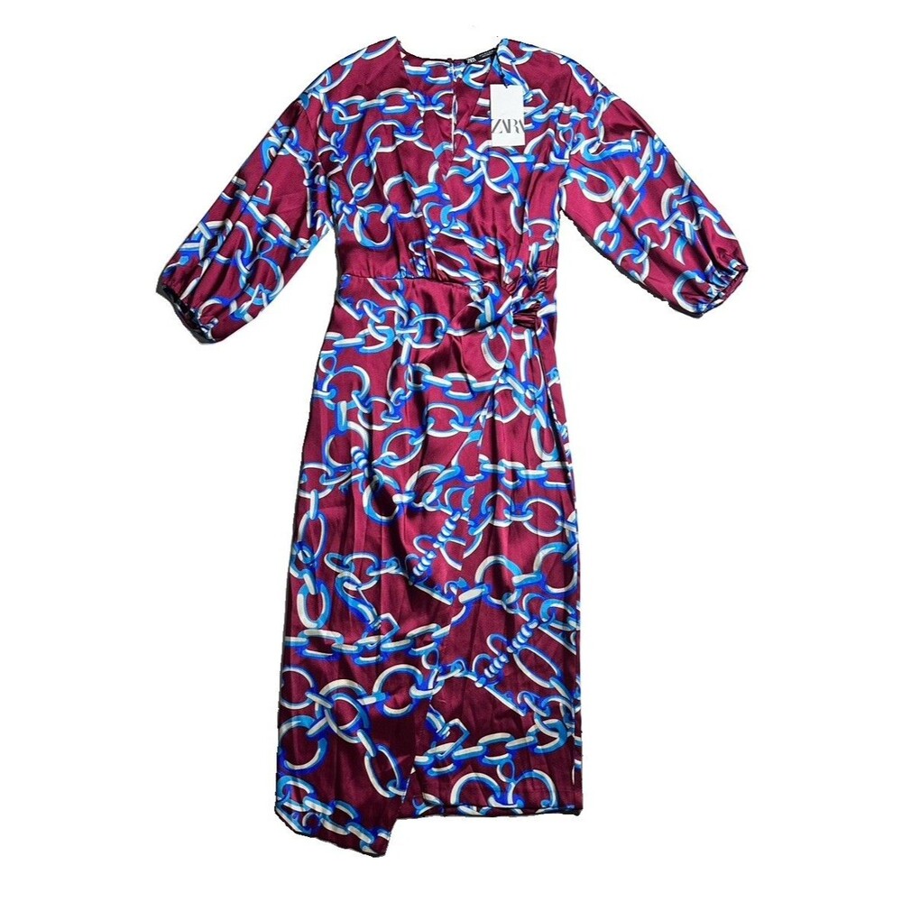 Zara Women's Burgundy Blue Chain Print Dress Size S NWT